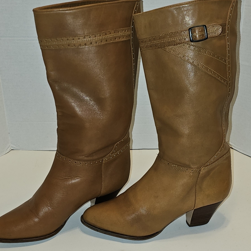 Vntg 80s 90s Light Tan Genuine Soft Leather Boots 8M Wood Heel Faux Buckle Strap